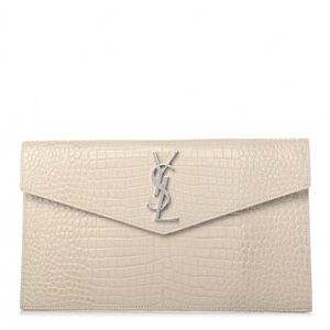YSL Calfskin Crocodile Embossed Uptown Monogram Pouch Crema Soft
